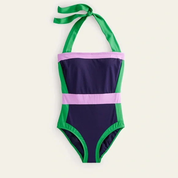 Boden NEW Santorini Halterneck Swimsuit
Navy/ Green Colourblock - Picture 1 of 7